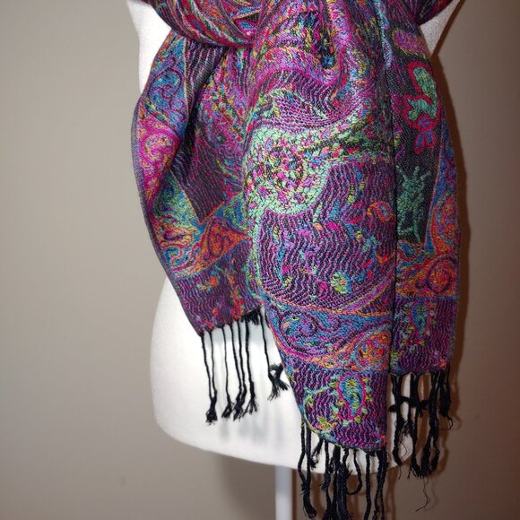 Chico's Multicolored Paisley Fringed Scarf Wrap OS Purple - Picture 7 of 8
